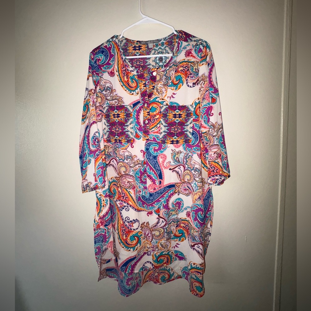 Valerie Stevens Cream Colorful Boho Print Tunic Blouse XL